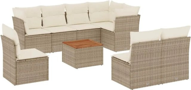 vidaXL 9-teilige Garten-Sofagarnitur in L-Form aus Polyrattan und Akazienholz mit Kissen, Beige - Bild 1