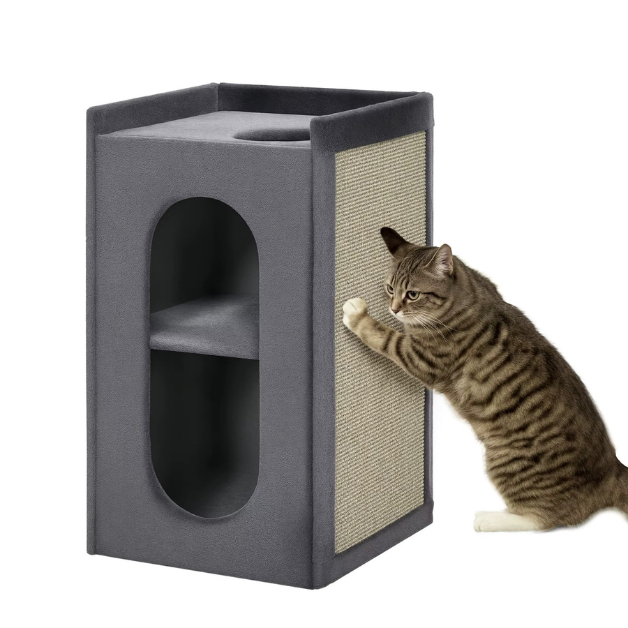 PawHut Kratztonne für Katzen in Grau mit 2 Katzenhöhlen, 2 Ebenen und Sisal-Kratzmatte aus Plüsch, B/T/H: 45 x 45 x 81 cm - Bild 3
