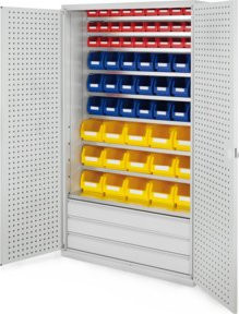 Kappes Grossraumschrank mit 20 Lochplattentüren in Grau, ausgestattet mit Sichtfenstertüren, internen Regalböden, Schubladen und Schloss, H x B x T: 195 x 113 x 59 cm - Bild 1