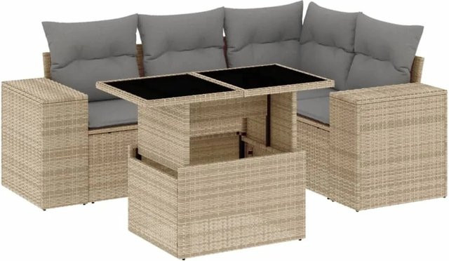 vidaXL 5-tlg. Garten-Sofagarnitur in L-Form aus beige farbenem Poly-Rattan mit Kissen und pulverbeschichtetem Stahlgestell - Bild 1