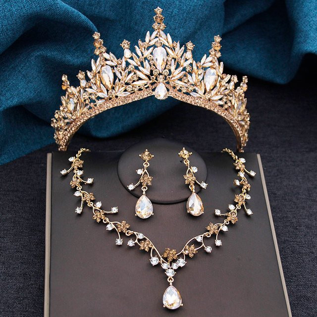 Cenmon Schmuck-Set, Tiara, Ohrringe, Halskette, Champagner-Kristall, Damen - Bild 1
