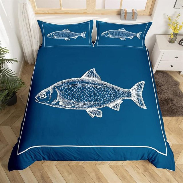 Fishing King Bettwäsche-Set aus Mikrofaser mit Angel- und Naturmotiv in Blau, B/H: 240 x 210 cm, inklusive 3-teiligem Set mit Kissenbezügen 50 x 70 cm - Bild 1