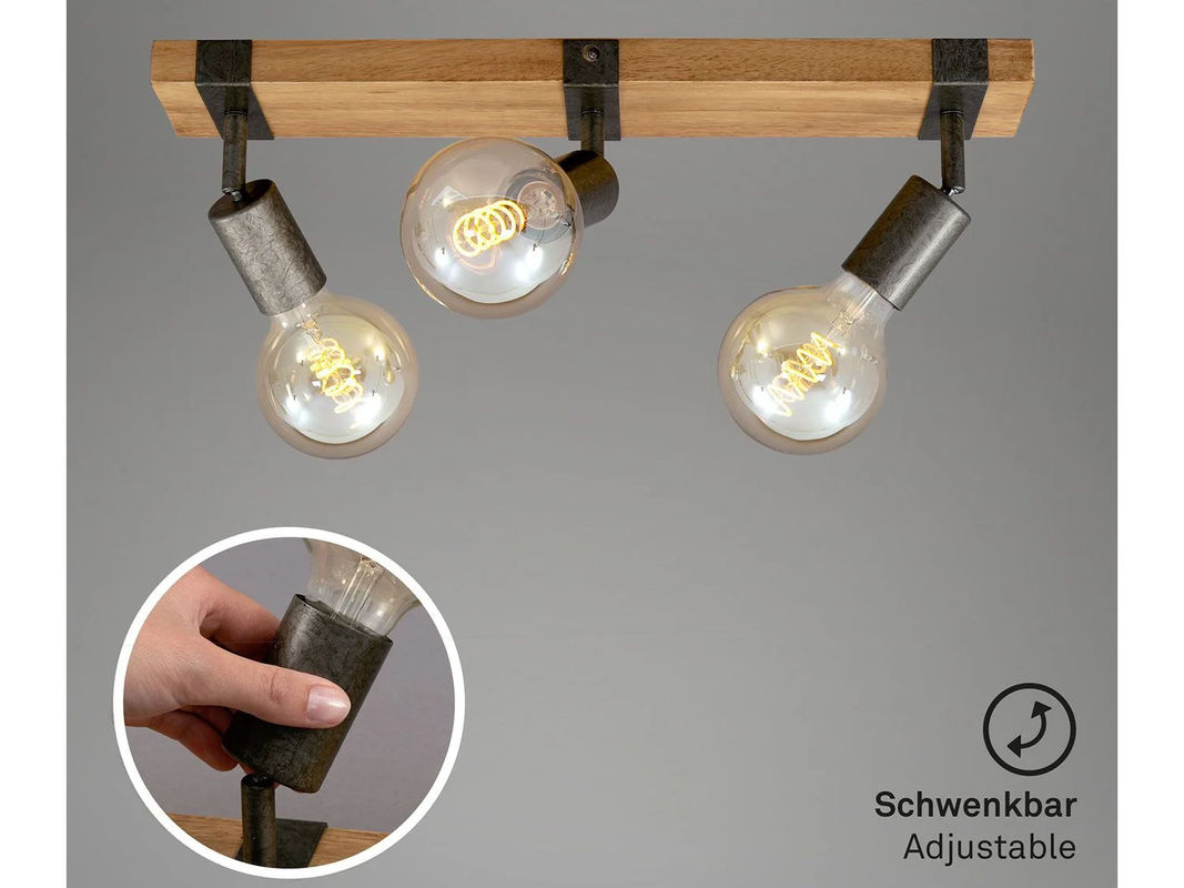BRILONER Wand- und Deckenleuchte Vintage mit 3 verstellbaren Spots aus Holz und Gunmetal Metall, E27 - Bild 4