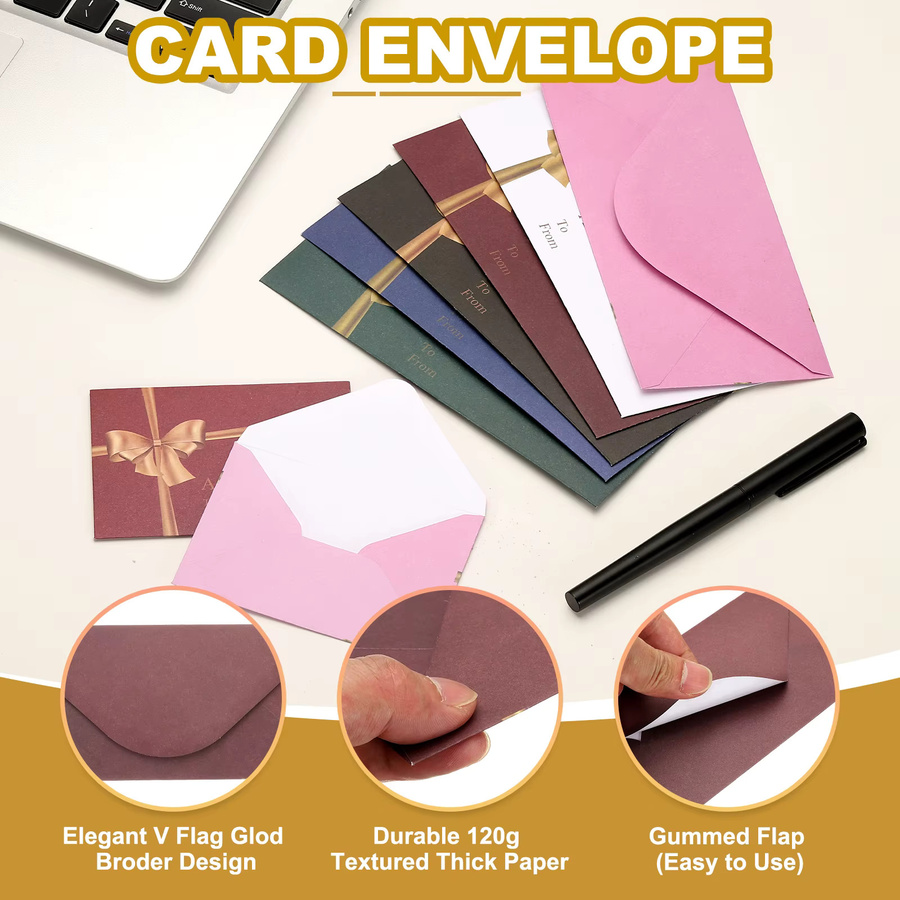 50 Stück Mini-Umschläge mit V-Klappe aus Papier in Schwarz und Gold inklusive goldenem Tintenstift für Grußkarten, Hochzeitseinladungen und Partygeschenke - Bild 1