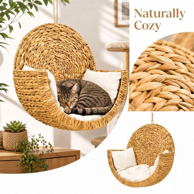 77Factoryz Handgewebtes Katzenbett aus Rattan in Beige im Boho-Stil - Bild 1