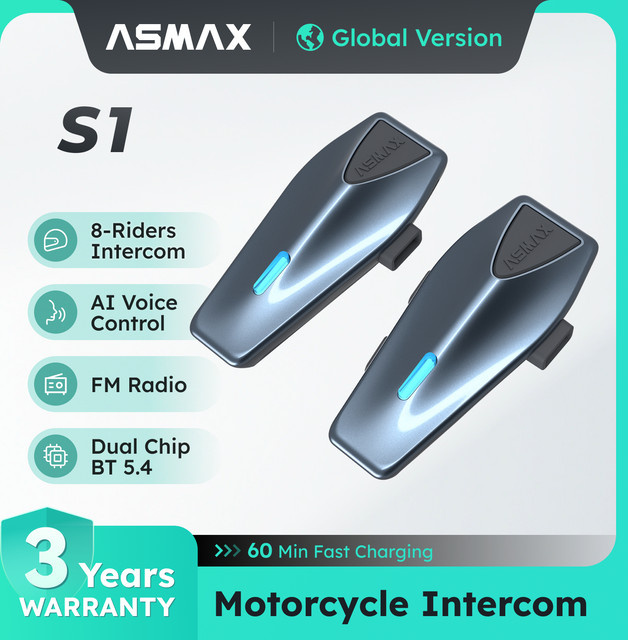 ASMAX Blue S1 Motorrad-Gegensprechanlage mit Mesh-Gruppenkommunikation und Sprachsteuerung, Bluetooth-Headset für Helm, Schneemobil, Ski und ATV, Farbe: Blau/Schwarz - Bild 1