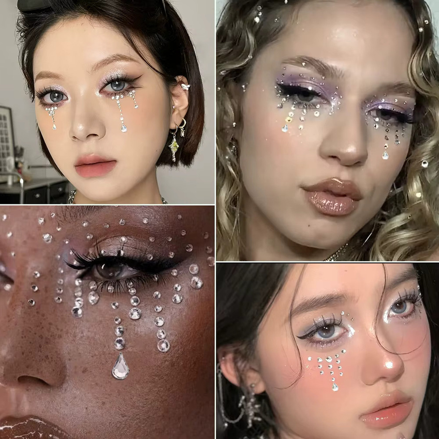 HotPress Gesichtstattoos, 3D-Tränenkette und Sterne, Strass-Abziehbilder, glänzend, Damen - Bild 2