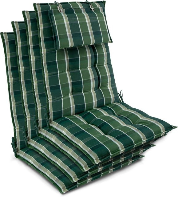 Beautissu 4er Set Sun-HL Hochlehner Auflage Grün-Kariert, B/T/H: 120 x 50 x 8 cm - Bild 1