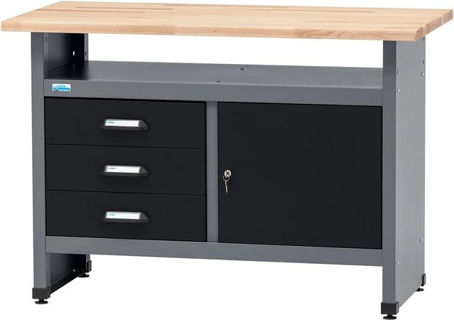 Küpper Werkbank eintürig mit 3 Schubladen in Schwarz-Hellgrau, B/T/H: 120 x 60 x 84 cm - Bild 1