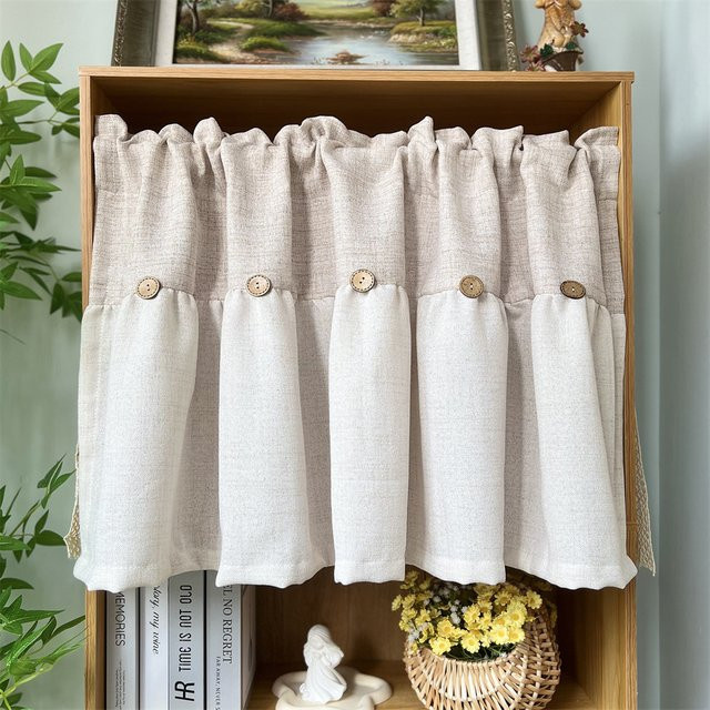 Beige halbtransparenter Leinen-Vorhang im Vintage-Design für Küche, Wohnzimmer oder Büro, Breite: 100 cm, Höhe: 50 cm - Bild 1