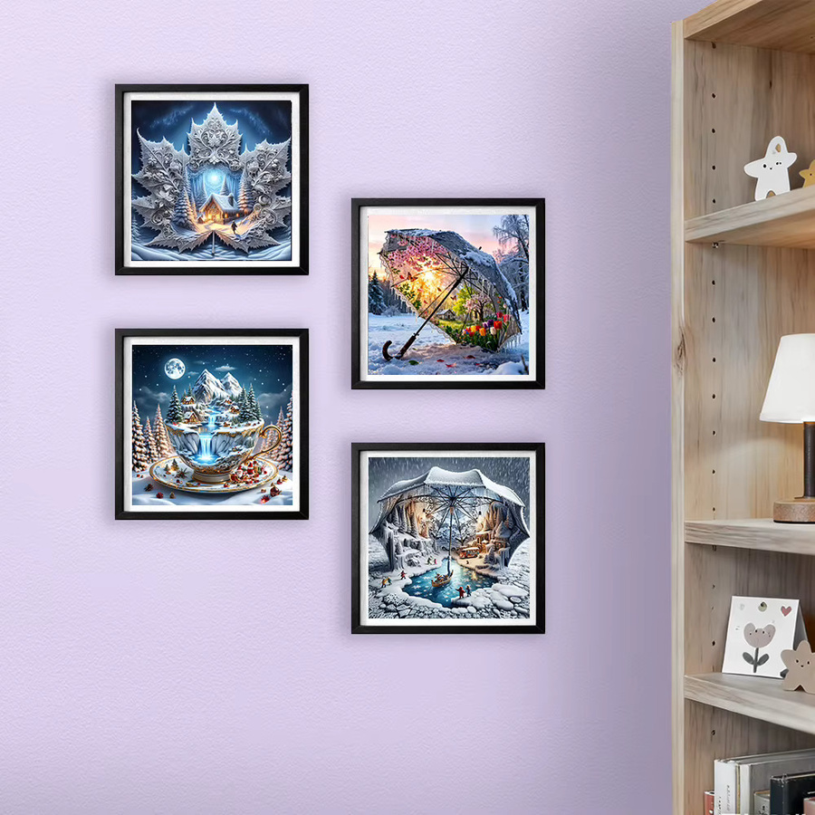 HUACAN 4er Set Diamond Painting Winterlandschaft mit Mosaik-Motiven Regenschirm und Tasse, Multicolor, mit runden Bohrern zur Heimdekoration - Bild 3