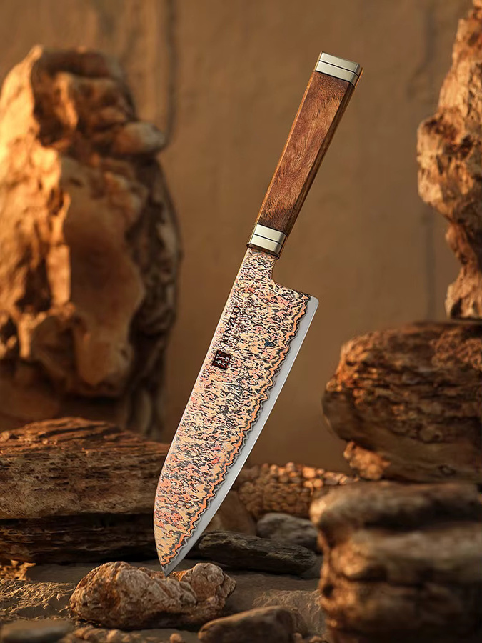 XINZUO Santoku-Messer aus 53 Lagen Damaststahl mit Padauk-Holzgriff und schwarzem G10-Griff, mehrfarbig - Bild 6