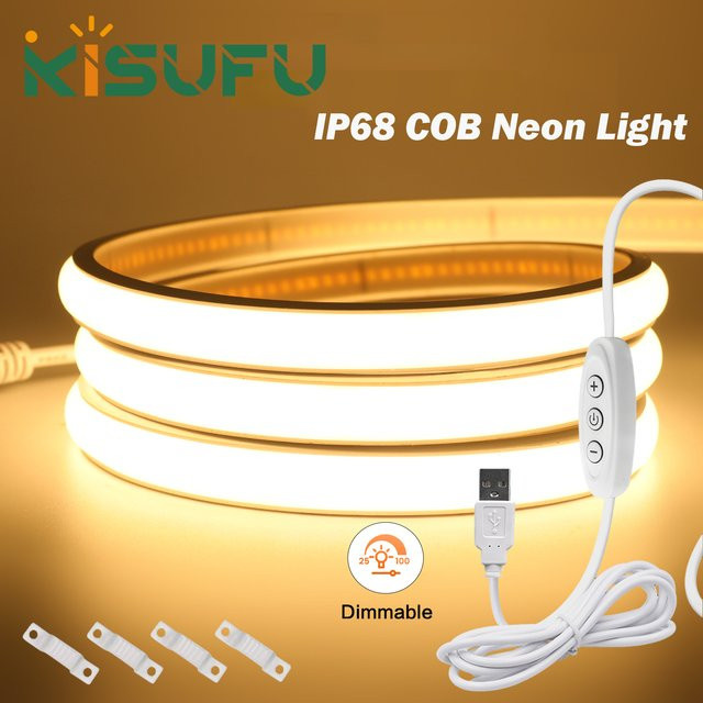 KISUFU COB Neon LED-Streifen mit Dimmer, 5V USB, IP68 Wasserdicht, Weiß, 320 LEDs/m, Silikon Neon-Seilbeleuchtung für Innen und Außen - Bild 1