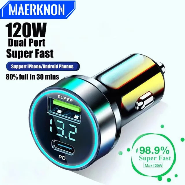 PD 120W Digital Display Auto Ladegerät mit USB-C Anschluss und Metall-Ring-Design - Bild 1
