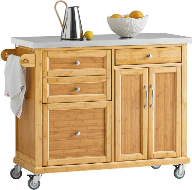 SoBuy Küchenwagen FK70-N aus Bambus als Kücheninsel und Servierwagen in Braun mit Edelstahltop und Rollen, B/T/H: 75 x 46 x 115 cm - Bild 1