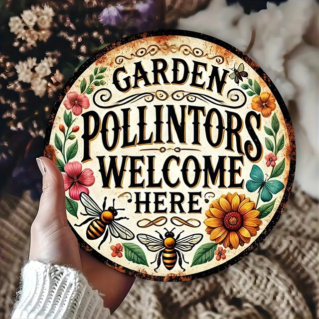 Potdemiel Vintage Aluminiumschild Garden Pollinators Welcome Here in Mehrfarbig, B/H: 20,3 x 20,3 cm - Bild 1