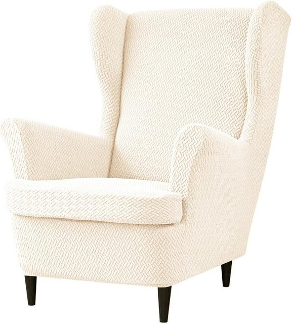 Stretch Ohrensesselhusse aus Jacquard mit Sitzkissenbezug in Beige Multicolour - Bild 1