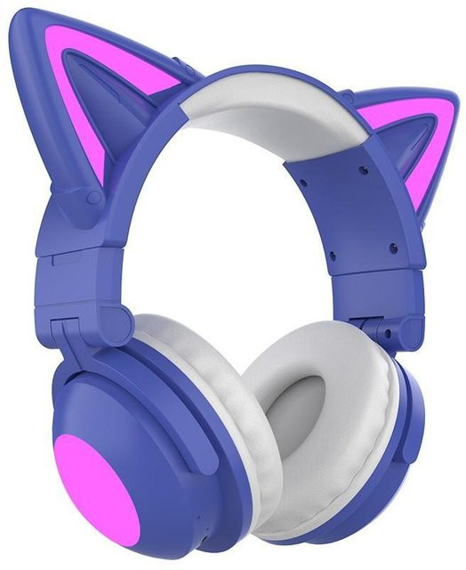JQIQLY Gaming-Headset mit Katzenohren und LED, kabellose On-Ear Kopfhörer mit Bluetooth 5.0, Mikrofon und starkem Bass, Violett - Bild 1