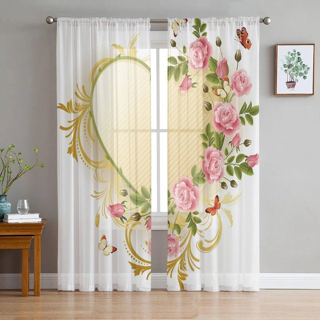 Transparente Voile-Vorhänge von A Family Of Home Textiles mit rosa Rosen- und Schmetterlingsmotiv, B: 135 cm, H: 114 cm - Bild 1