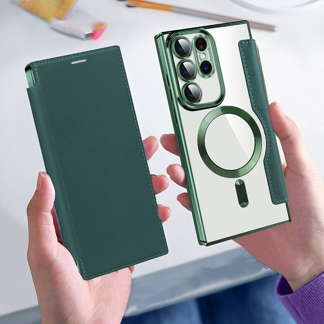 Luxus Leder-Brieftasche mit Magnetverschluss und Kartenfächern als transparente Flip-Hülle für Samsung A56 A16 A36 A55 A15 A26 A25 A06 A05S in Blau oder Grün - Bild 1