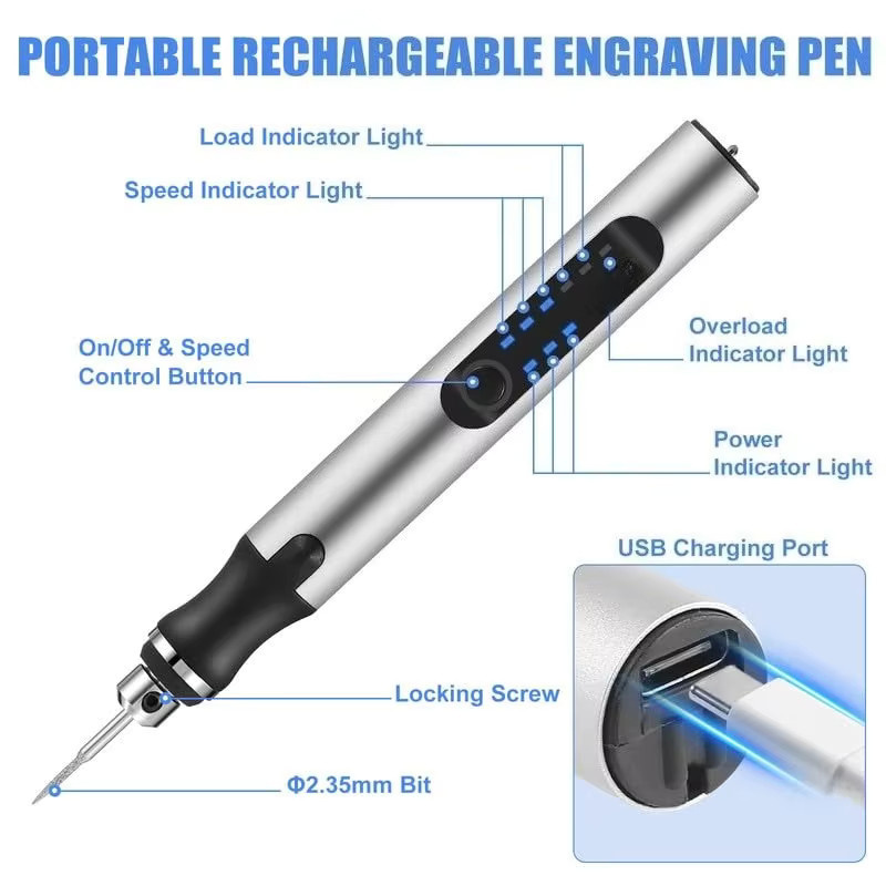XMSJ USB wiederaufladbarer Gravurstift mit 42 Bits als tragbares Mini-Elektro-DIY-Drehwerkzeug in Gold und Silber - Bild 2
