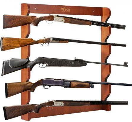 VEVOR Waffenregal aus Kiefernholz für 5 Gewehre und Schrotflinten, Wandmontage in Braun und Rot, Waffentresor-Zubehör mit weicher Polsterung und 60 kg Tragkraft - Bild 1