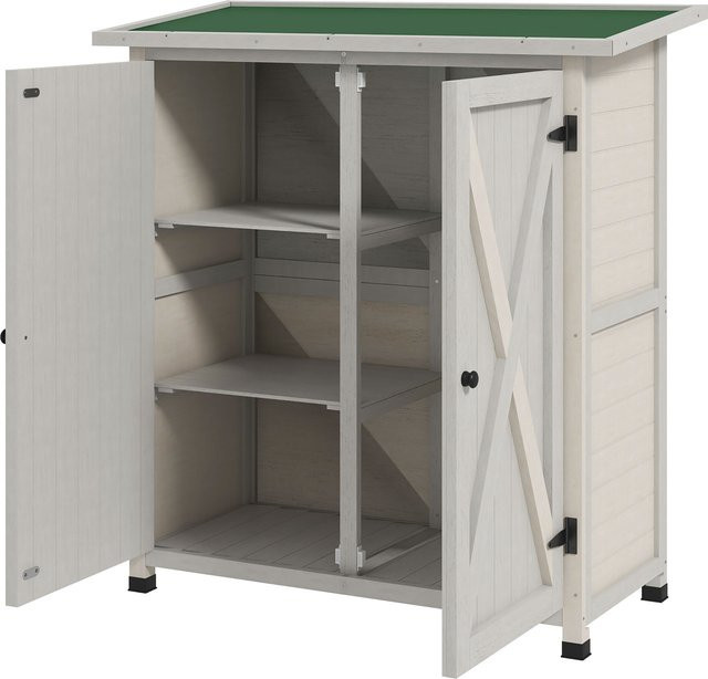 Outsunny Gartenschrank aus Tannenholz in Hellgrau, wetterfester Geräteschuppen mit 2 Türen und Asphaltdach für Garten und Terrasse, B/T/H: 110 x 55 x 117 cm - Bild 1