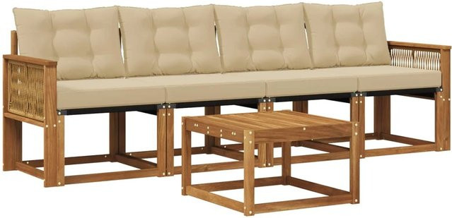 vidaXL Outdoor-Sofagarnitur aus Akazienholz mit Textilene und Kissen in Natur und Beige - Bild 1