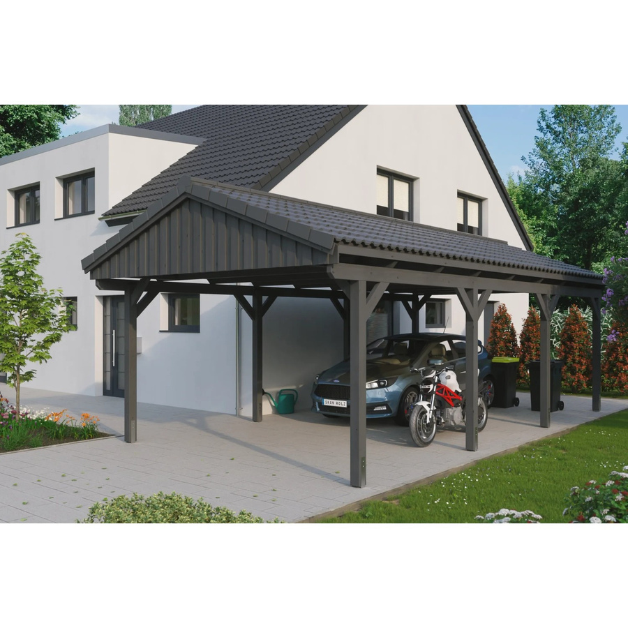 Skan Holz Carport Fichtelberg aus Fichte Leimholz in Grau mit Dachziegeln B/T: 423 x 808 cm, Höhe: 326 cm - Bild 2
