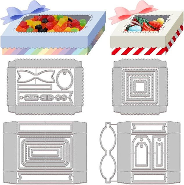 4er-Set Metall-Stanzformen für 3D-Geschenkboxen mit Fenster in Silber zur Herstellung von Papierkarten und Süßigkeitskästen - Bild 1