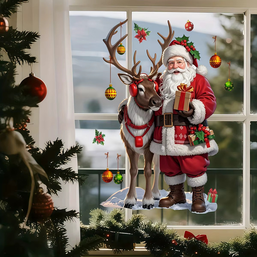 DUTRIEUX Weihnachts Fenstersticker Selbstklebend Motiv Santa Rentier und Schneeglöckchen Multicolour aus PVC - Bild 2