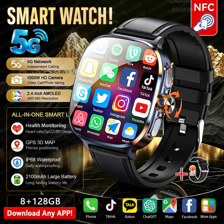 GUHUAVMI Smartwatch mit 4G/5G Unterstützung, 128GB Speicher, HD-Kamera und NFC in Schwarz - Bild 3