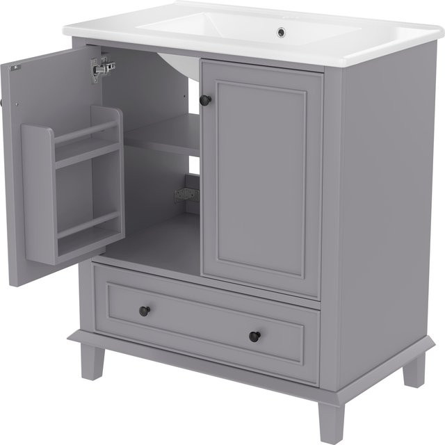 Aosom Badezimmer-Waschbeckenunterschrank mit integriertem Keramikbecken in Grau, modern und wasserdicht, B/T/H: 76 x 46 x 87 cm - Bild 1