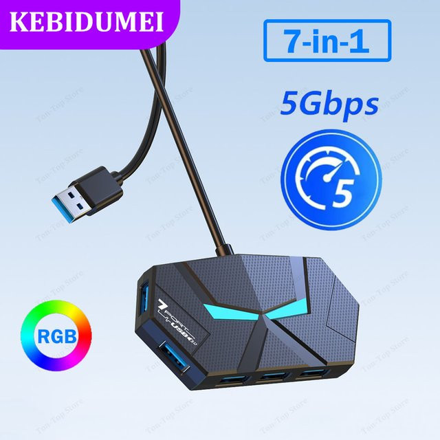 Kebidumei USB 3.0 Hub Docking Station mit 4 oder 7 Ports und USB-C Power Port, OTG Adapter für PC, Laptop und Macbook, Schwarz - Bild 1