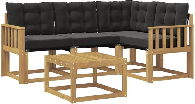 vidaXL Outdoor-Sofagarnitur 5-teilig in L-Form mit Kissen und Couchtisch aus Akazienholz in Weiß und Schwarz - Bild 1