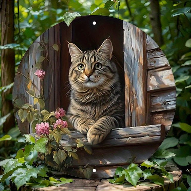 Rustikales Aluminium-Metallschild von Potdemiel mit Tabby-Katze und Blumen, rund, Mehrfarbig, Durchmesser: 20 cm - Bild 1