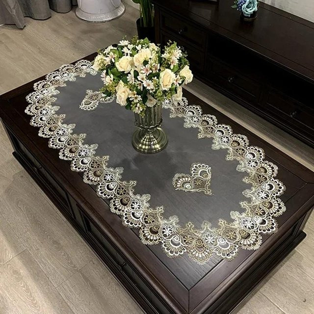 Ovale Tischdecke von Yiran Furniture mit floraler Spitze in Weiß, B/T: 120 x 60 cm - Bild 1