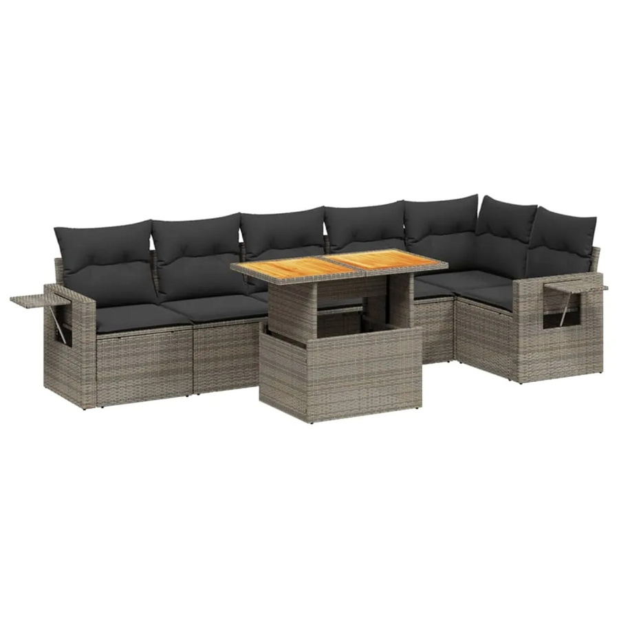vidaXL 7-teilige Garten-Sofagarnitur in L-Form aus grauem Poly-Rattan mit Kissen und Akazienholz - Bild 2