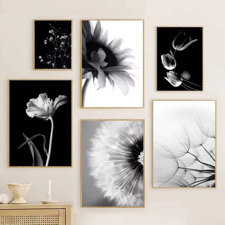 Potdemiel Wandkunst Leinwandmalerei mit floralem Motiv in Schwarz und Weiß im skandinavischen Design - Bild 1