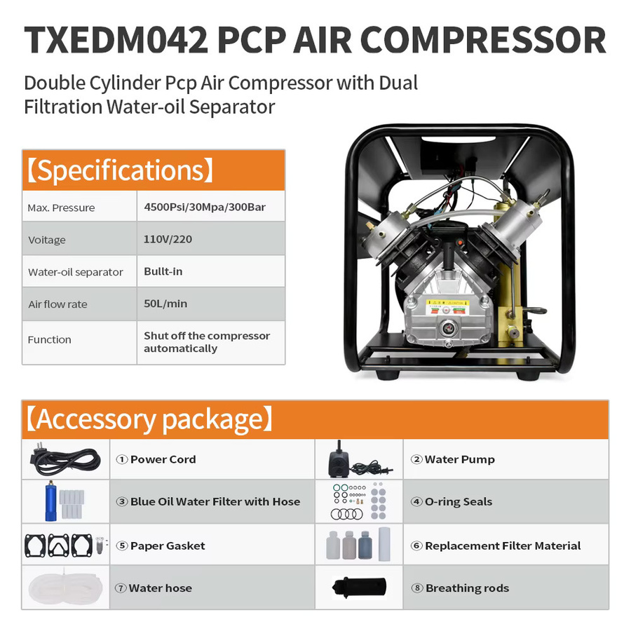 TUXING Hochdruck-Tauchkompressor PCP Luftkompressor 300 Bar 4500 Psi mit eingebautem Filter und Auto-Stopp für 6,8L Tauchflaschen in Schwarz - Bild 6