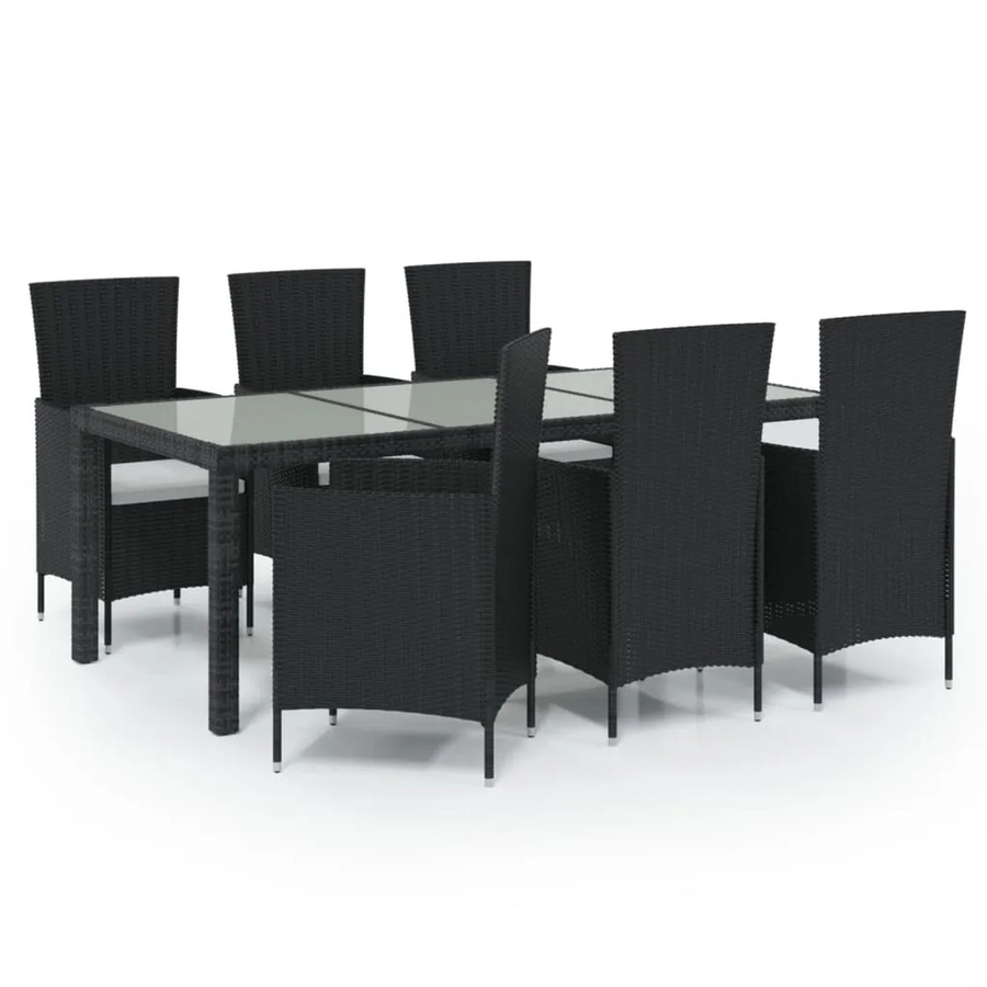 vidaXL 7-tlg Garten-Essgruppe aus Poly Rattan in Schwarz mit cremeweißen Auflagen und Hartglasplatte - Bild 2