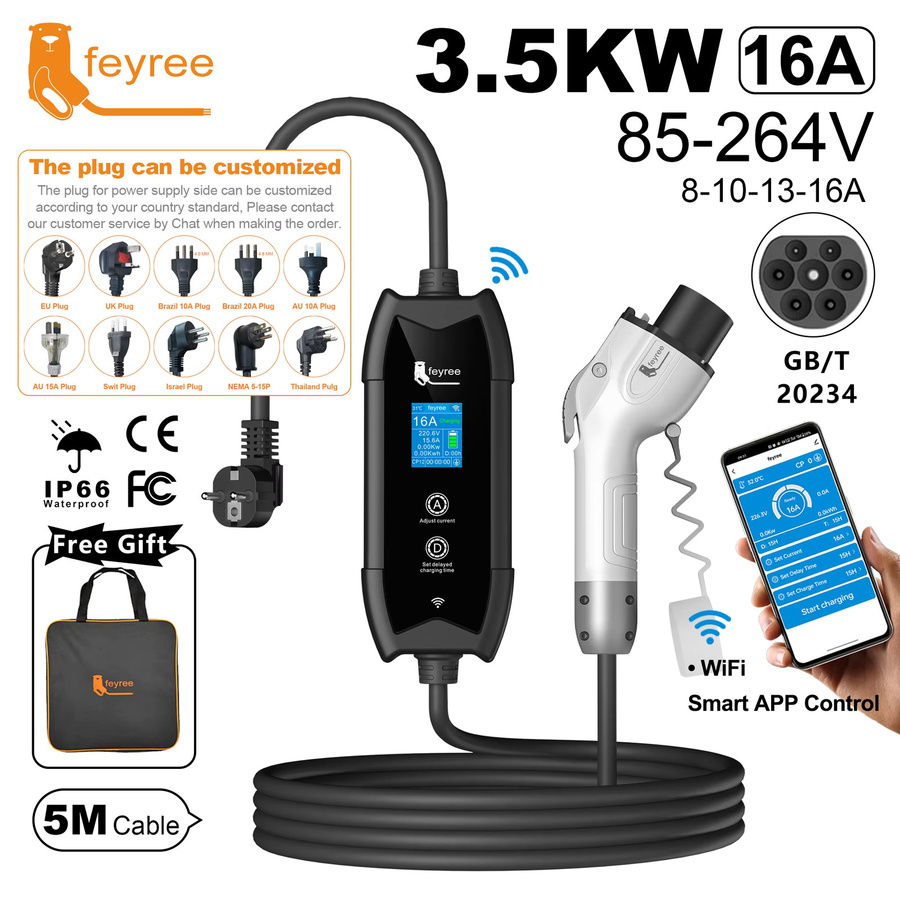 Feyree Tragbares EV-Ladegerät mit WLAN-App-Steuerung, 16A 3,5KW, 5m Kabel, Schwarz - Bild 2