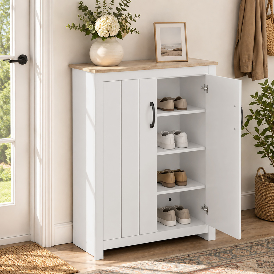 HOMCOM Schuhschrank mit 2 Türen und 4 Ebenen für 12 Paar Schuhe, verstellbare Einlegeböden, Aufbewahrungsmöbel für Flur und Diele, Eiche und Weiß, B/T/H: 80 x 32,8 x 105 cm - Bild 2