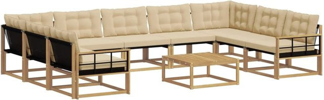 vidaXL Outdoor-Sofagarnitur aus massivem Akazienholz mit Textilene und Kissen, 10-teilig, Weiß und Beige - Bild 1