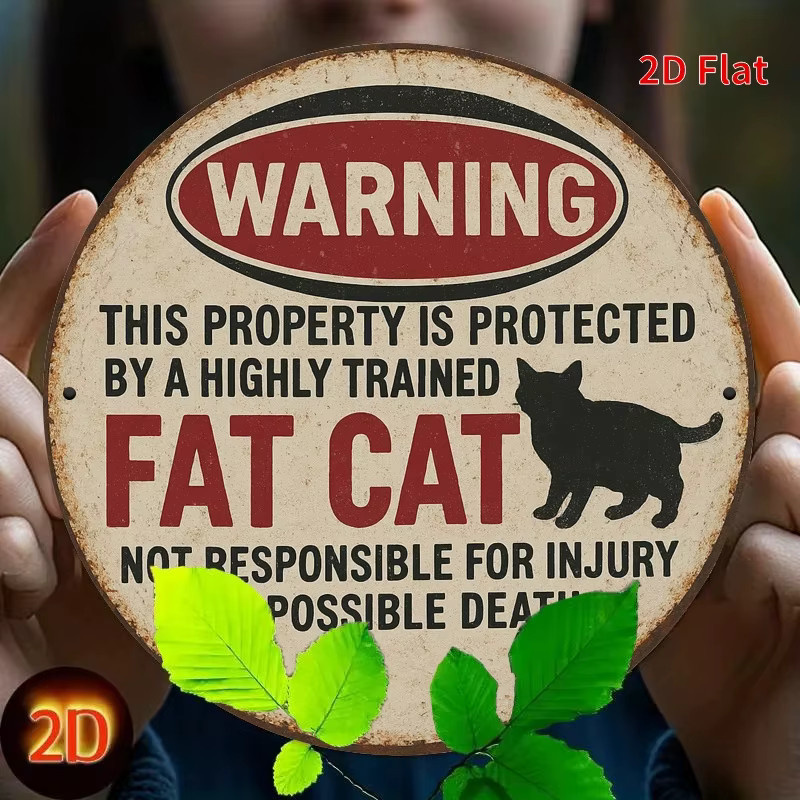 Potdemiel Rundes Metallschild Vintage Warning This Property is Protected by a Highly Trained Fat Cat Wandekunst Mehrfarbig Durchmesser: 20 cm - Bild 2