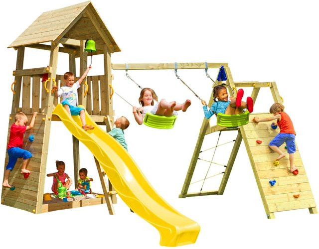 Spielturm BELVEDERE mit Rutsche, Kletterwand und Doppelschaukel, Gelb, Holz - Bild 1
