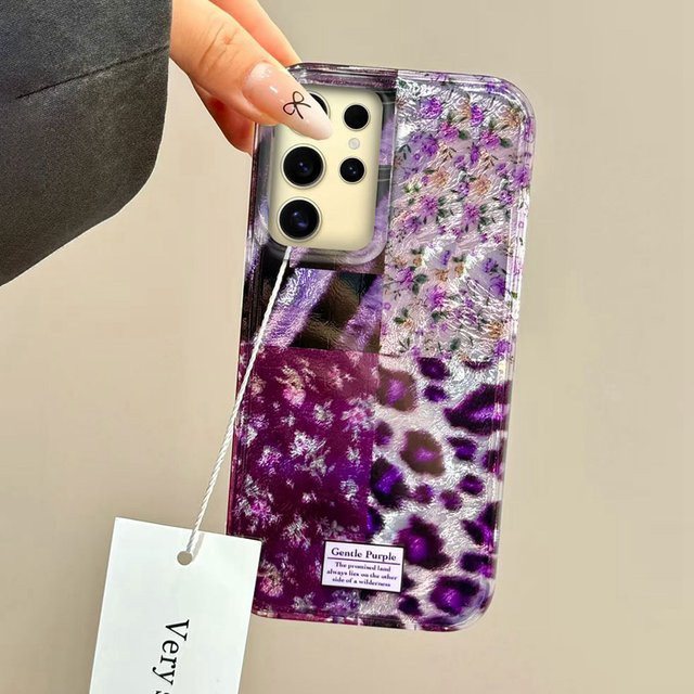 Handyhülle mit lila Leopardenmuster und Blumen für Samsung Galaxy S24 S23 S22 S25 S21 S20 FE Ultra und Edge - Bild 1