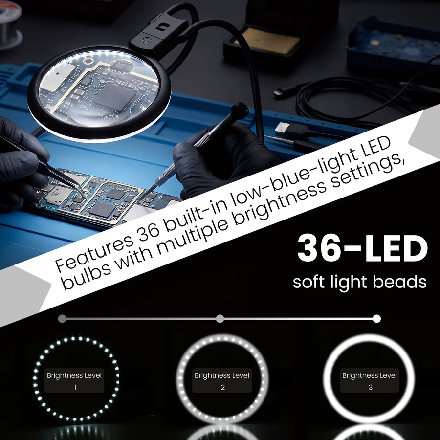 Willkey Halslupe mit LED-Licht, dimmbare beleuchtete Leselupe in Schwarz für Nähen, Lesen und Elektronik-Reparatur - Bild 3