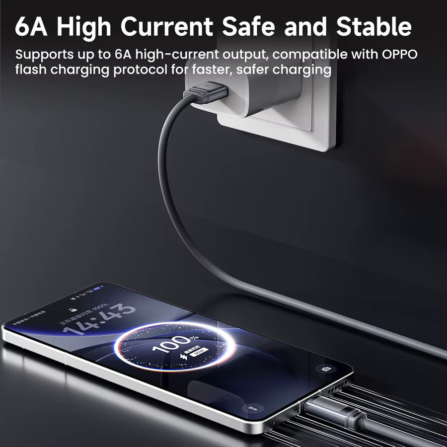 Toocki USB-C-auf-USB-C-Ladekabel 120W 6A in Schwarz aus weichem Silikon - Bild 4