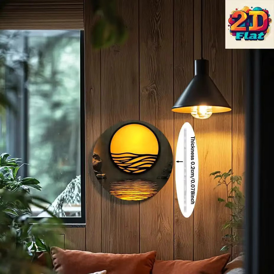 Potdemiel Wandkunst aus Aluminium, kreisförmige abstrakte Hängedekoration mit gelbem Sonnenuntergang und Wellen, minimalistisches Metall-Panel, Durchmesser: 20 cm - Bild 3